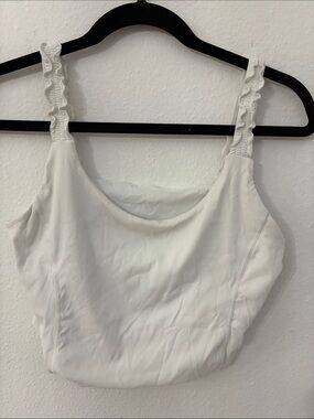 Mono B White Ruffled-Strap Ribbed Crop Tank